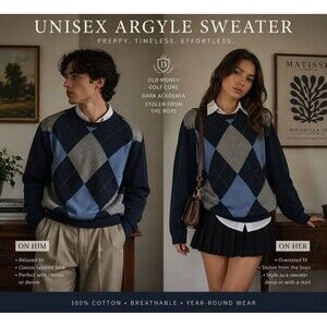 EUC Argyle Sweater Preppy Old Money Oversized Unisex Cotton Golf Core